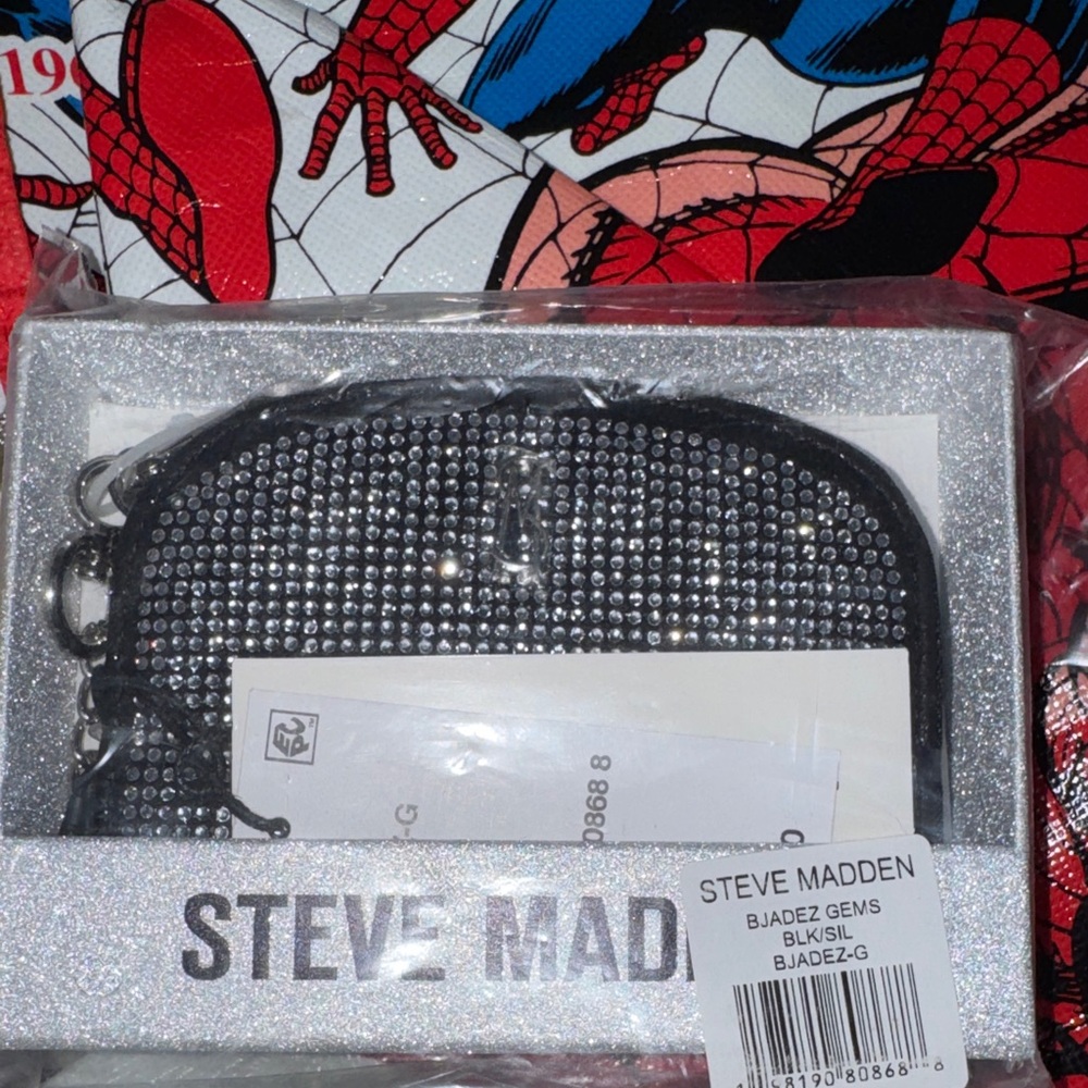 Steve Madden Black Silver Rhinestone Mini Zip Pouch